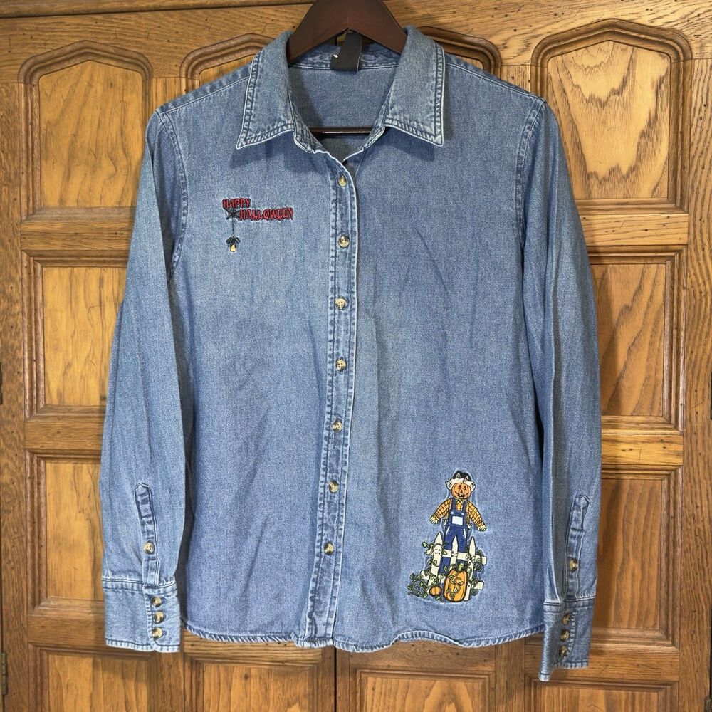 Vtg. Holiday Editions Embroidered Halloween Shirt Women's XL Denim Scarecrow Top